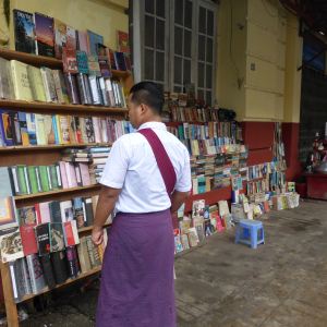 Man looking at books on street