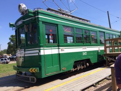 green and white restored streetcar