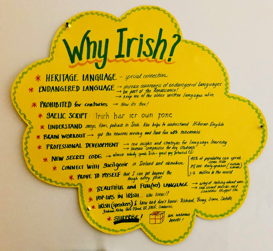 "Why Irish?" list of reasons to learn Irish handwritten on a yellow cloud shape
